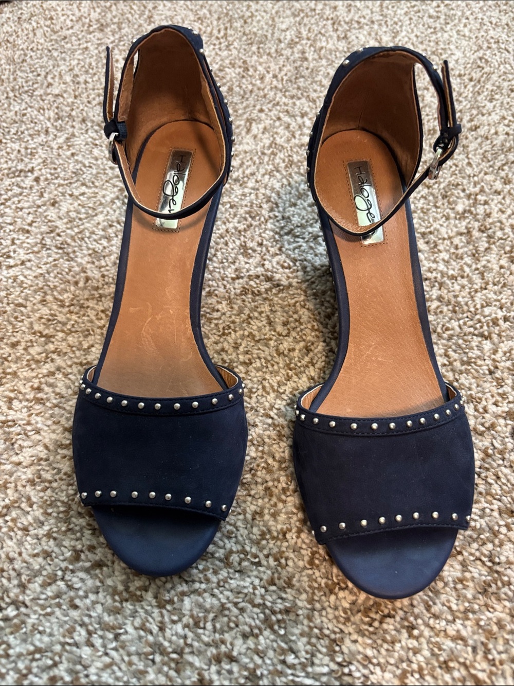 Halogen Studded Navy Suede Wedge Sandals with Ankle Strap - Picture 2 of 4